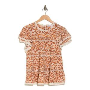 DR2 BY DANIEL RAINN Lace Trim Ruffle Top In Ivory‎ Orange Print Size XS NWT